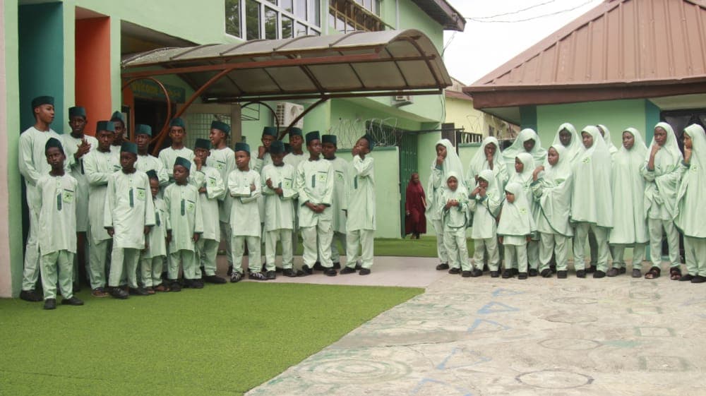 Pupils gathered in the school courtyard for morning assembly